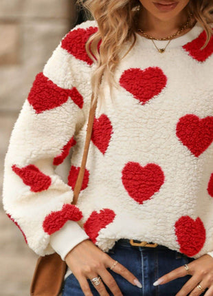 Fuzzy Heart Dropped Shoulder Sweatshirt - MimiStylez