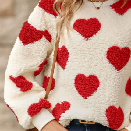 Fuzzy Heart Dropped Shoulder Sweatshirt - MimiStylez