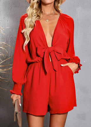Tied Flounce Sleeve Plunge Romper - MimiStylez