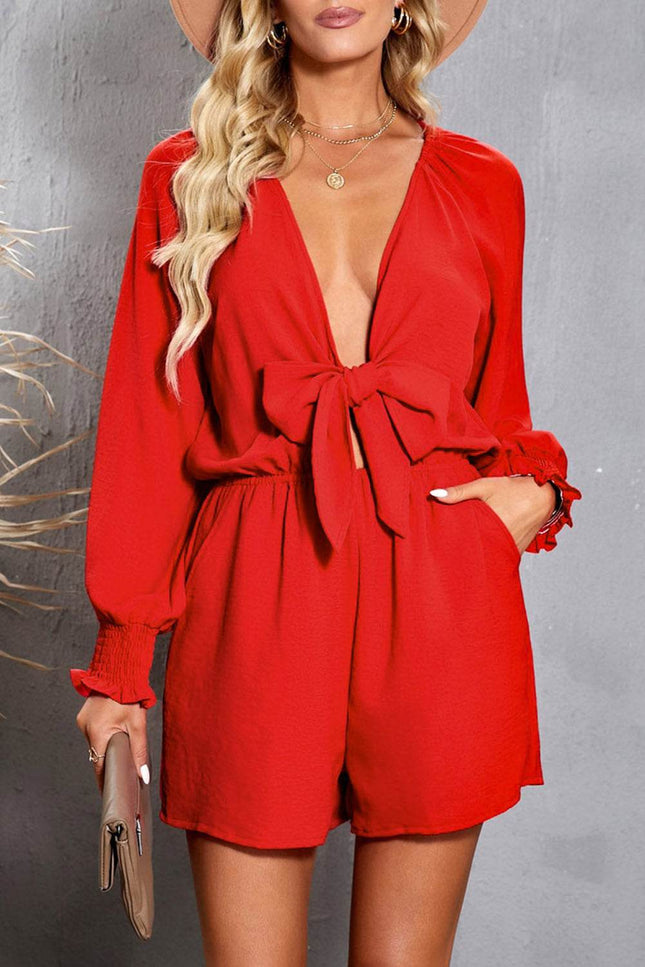 Tied Flounce Sleeve Plunge Romper - MimiStylez