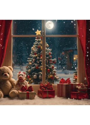 Christmas Backdrop Winter Window Xmas Tree Snowy Night Christmas Backdrop - MimiStylez