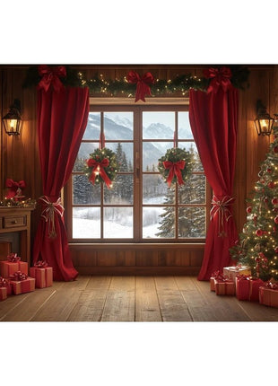 Christmas Backdrop Winter Window Xmas Tree Snowy Night Christmas Backdrop - MimiStylez