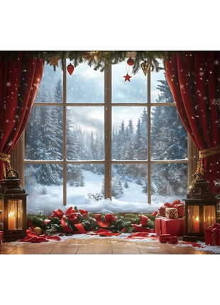 Christmas Backdrop Winter Window Xmas Tree Snowy Night Christmas Backdrop - MimiStylez