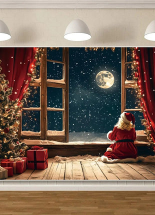 Christmas Backdrop Winter Window Xmas Tree Snowy Night Teddy Bear Christmas Backdrop - MimiStylez