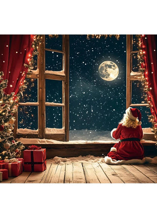 Christmas Backdrop Winter Window Xmas Tree Snowy Night Teddy Bear Christmas Backdrop - MimiStylez