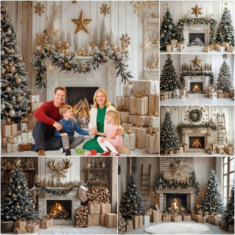 Christmas Background Xmas Tree Garland Fireplace Christmas Backdrops - MimiStylez