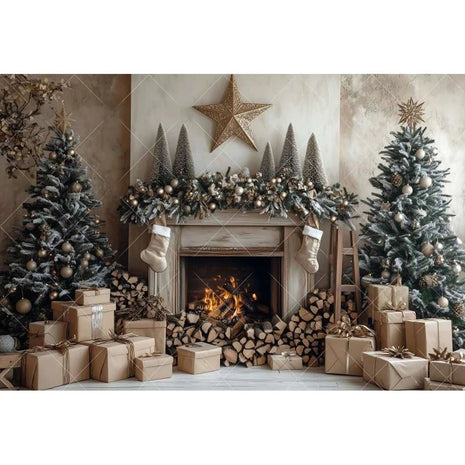 Christmas Background Xmas Tree Garland Fireplace Christmas Backdrops - MimiStylez