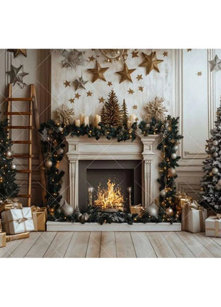 Christmas Background Xmas Tree Garland Fireplace Christmas Backdrops - MimiStylez