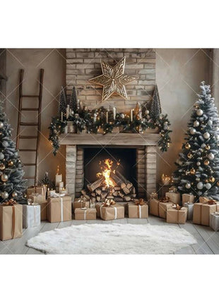 Christmas Background Xmas Tree Garland Fireplace Christmas Backdrops - MimiStylez