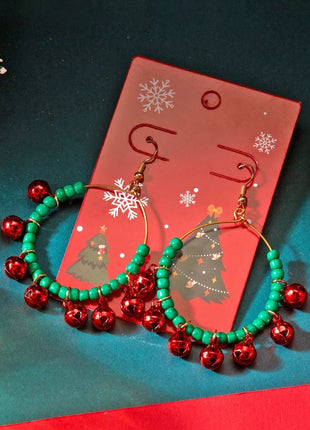 Christmas Beaded Hoop Earrings with Jingle Bells - MimiStylez