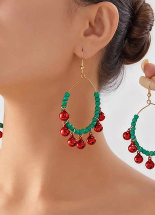 Christmas Beaded Hoop Earrings with Jingle Bells - MimiStylez
