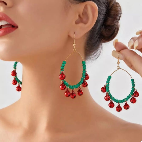 Christmas Beaded Hoop Earrings with Jingle Bells - MimiStylez