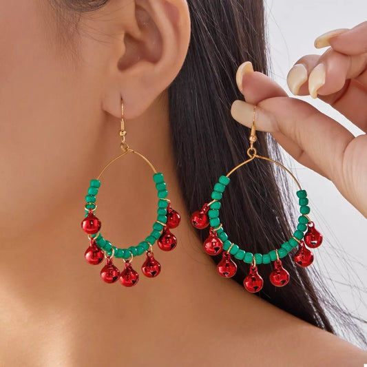 Christmas Beaded Hoop Earrings with Jingle Bells - MimiStylez