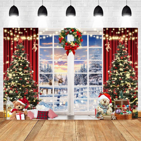 Christmas Photography Backdrop Santa Claus Window Snow Forest Xmas Tree - MimiStylez