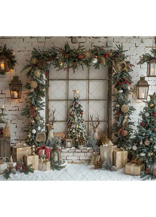 Christmas Photography Backdrop Xmas Tree Wreath Elk Brick Wall Window Snow Scene Backdrop - MimiStylez