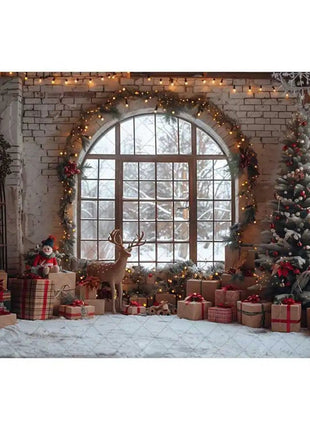 Christmas Photography Backdrop Xmas Tree Wreath Elk Brick Wall Window Snow Scene Backdrop - MimiStylez