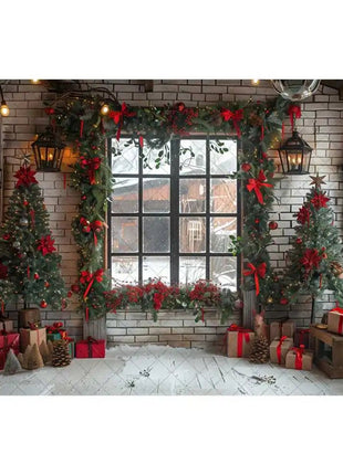 Christmas Photography Backdrop Xmas Tree Wreath Elk Brick Wall Window Snow Scene Backdrop - MimiStylez
