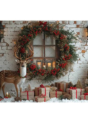 Christmas Photography Backdrop Xmas Tree Wreath Elk Brick Wall Window Snow Scene Backdrop - MimiStylez