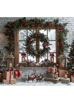 Christmas Photography Backdrop Xmas Tree Wreath Elk Brick Wall Window Snow Scene Backdrop - MimiStylez