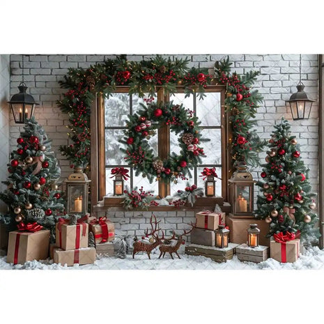 Christmas Photography Backdrop Xmas Tree Wreath Elk Brick Wall Window Snow Scene Backdrop - MimiStylez