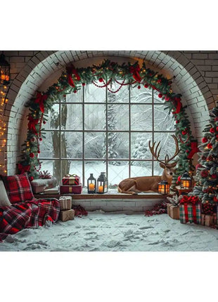 Christmas Photography Backdrop Xmas Tree Wreath Elk Brick Wall Window Snow Scene Backdrop - MimiStylez