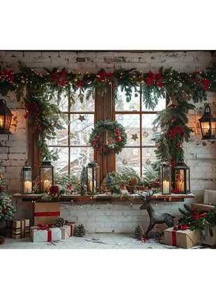 Christmas Photography Backdrop Xmas Tree Wreath Elk Brick Wall Window Snow Scene Backdrop - MimiStylez