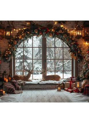 Christmas Photography Backdrop Xmas Tree Wreath Elk Brick Wall Window Snow Scene Backdrop - MimiStylez