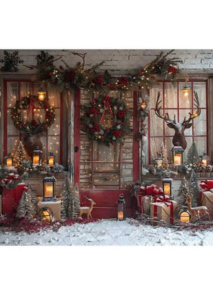 Christmas Photography Backdrop Xmas Tree Wreath Elk Brick Wall Window Snow Scene Backdrop - MimiStylez