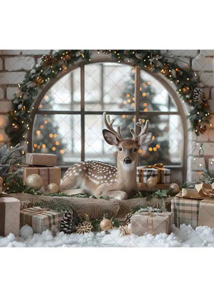 Christmas Photography Backdrop Xmas Tree Wreath Elk Brick Wall Window Snow Scene Backdrop - MimiStylez