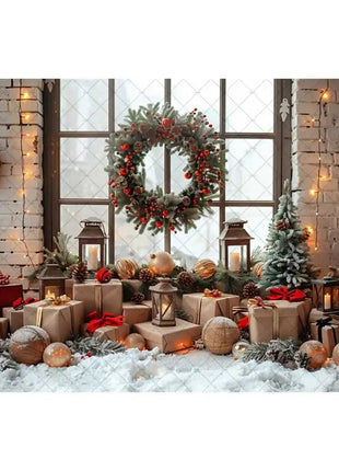 Christmas Photography Backdrop Xmas Tree Wreath Elk Brick Wall Window Snow Scene Backdrop - MimiStylez