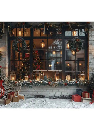 Christmas Photography Backdrop Xmas Tree Wreath Elk Brick Wall Window Snow Scene Backdrop - MimiStylez