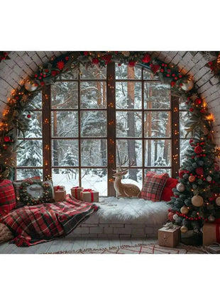 Christmas Photography Backdrop Xmas Tree Wreath Elk Brick Wall Window Snow Scene Backdrop - MimiStylez