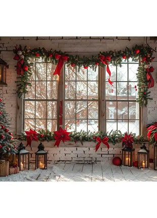 Christmas Photography Backdrop Xmas Tree Wreath Elk Brick Wall Window Snow Scene Backdrop - MimiStylez