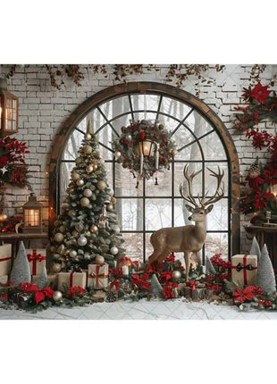Christmas Photography Backdrop Xmas Tree Wreath Elk Brick Wall Window Snow Scene Backdrop - MimiStylez