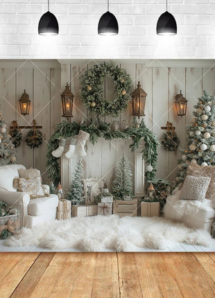 Christmas Photography Background Pine Fence Garland Christmas Tree Backdrop - MimiStylez
