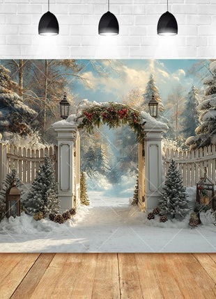 Christmas Photography Background Pine Fence Garland Christmas Tree Backdrop - MimiStylez