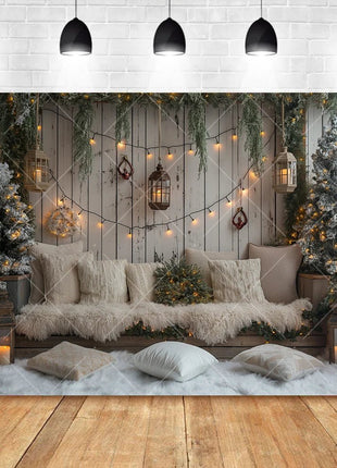 Christmas Photography Background Pine Fence Garland Christmas Tree Backdrop - MimiStylez