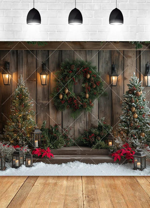 Christmas Photography Background Pine Fence Garland Christmas Tree Backdrop - MimiStylez