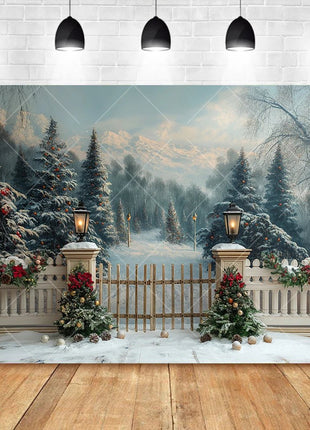 Christmas Photography Background Pine Fence Garland Christmas Tree Backdrop - MimiStylez