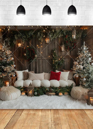 Christmas Photography Background Pine Fence Garland Christmas Tree Backdrop - MimiStylez
