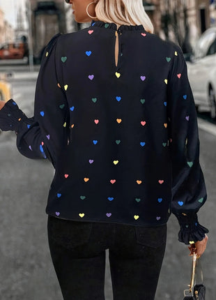 Colorful Heart Print Lantern Sleeve Blouse - MimiStylez