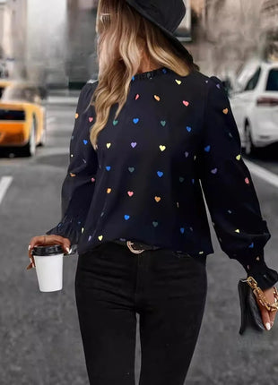 Colorful Heart Print Lantern Sleeve Blouse - MimiStylez
