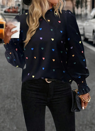 Colorful Heart Print Lantern Sleeve Blouse - MimiStylez