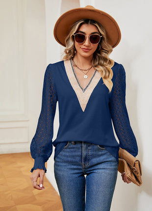 Contrast V - Neck Long Sleeve Blouse - MimiStylez