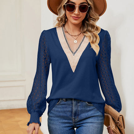 Contrast V - Neck Long Sleeve Blouse - MimiStylez