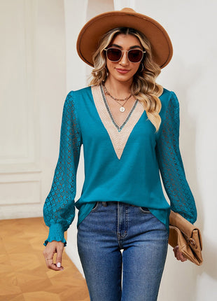 Contrast V - Neck Long Sleeve Blouse - MimiStylez
