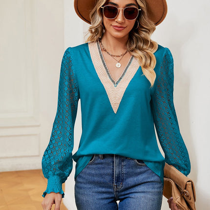 Contrast V - Neck Long Sleeve Blouse - MimiStylez