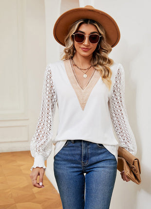 Contrast V - Neck Long Sleeve Blouse - MimiStylez