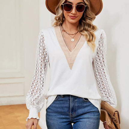 Contrast V - Neck Long Sleeve Blouse - MimiStylez
