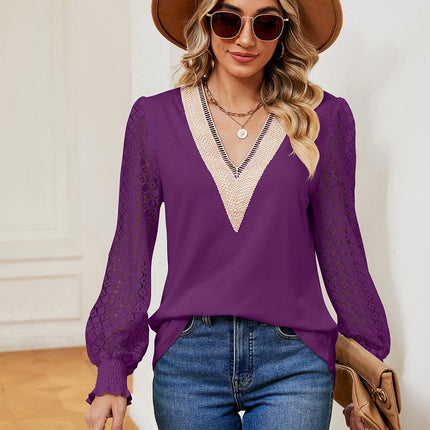 Contrast V - Neck Long Sleeve Blouse - MimiStylez
